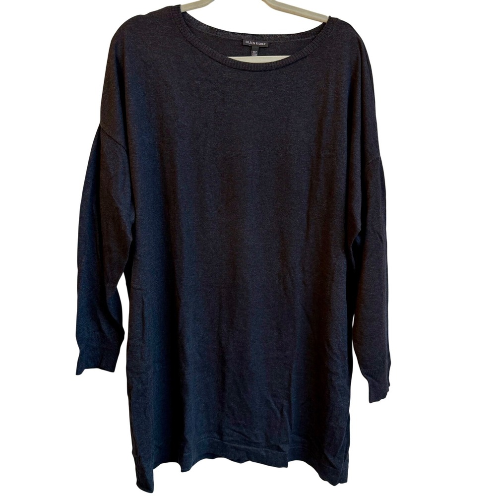 Eileen Fisher Merino Wool Blend Tunic Sweater Womens L Grey Minimalist Lagenlook